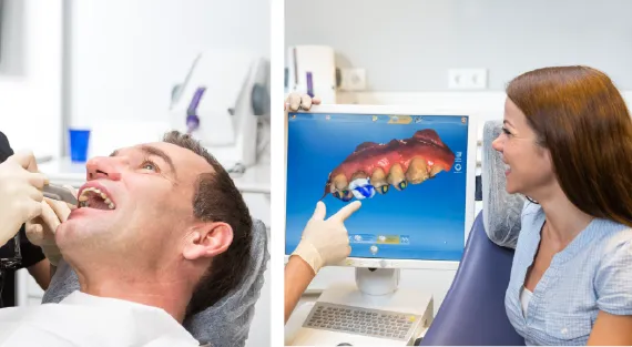Digital intraoral scanning and same-day crown design on a chairside monitor.